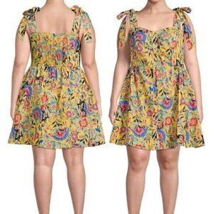 TERRA & SKY Plus Size Button Front Tie Shoulder Dress Mustard Yellow Floral Mini